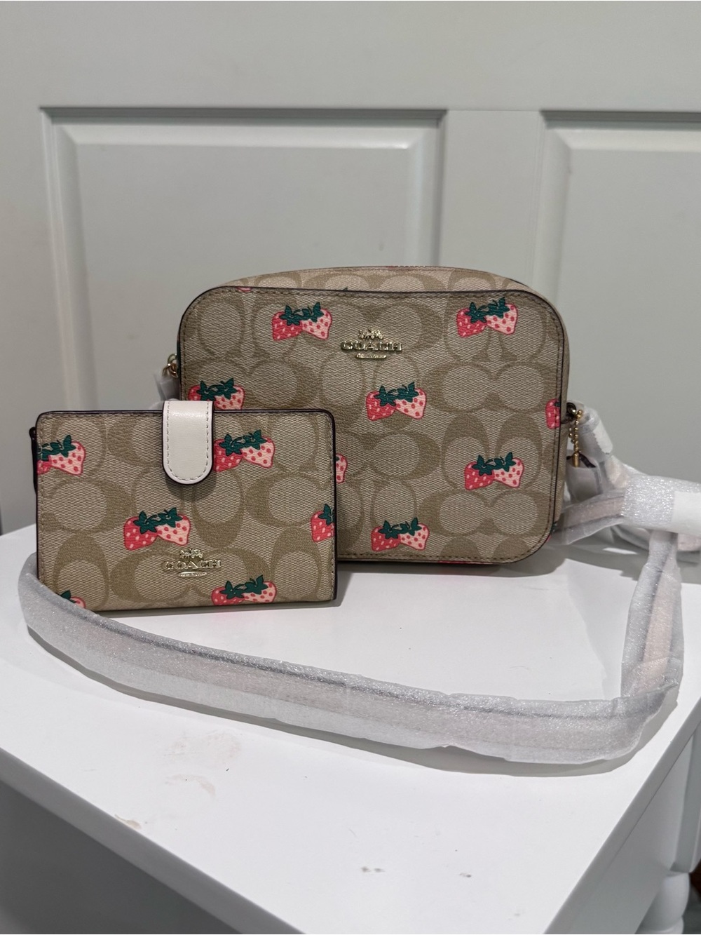 Coach Khaki Signature Crossbody camera bag with Strawberry Print